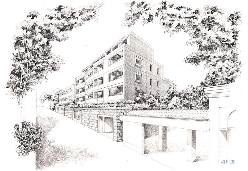 2015-1110-えんぴつ画-手書きパース-マンション