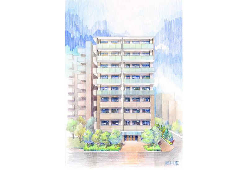 2015-1128-マンション-外観-色鉛筆-手書きパース
