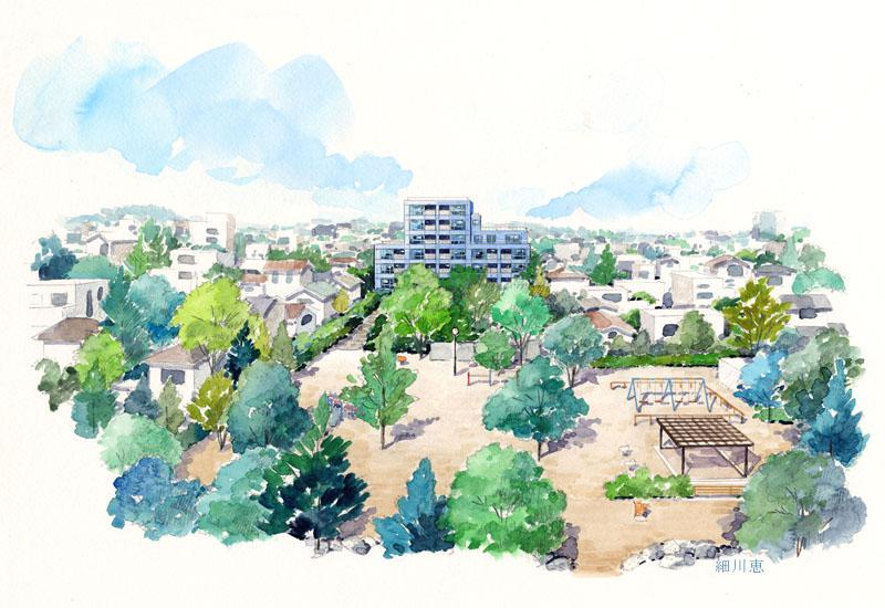 2015-1229-マンション-手書きパース-公園隣接
