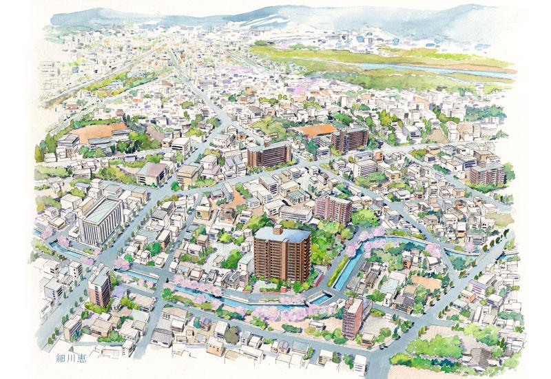 2016-0206-マンション-手書き鳥瞰パース-川沿い