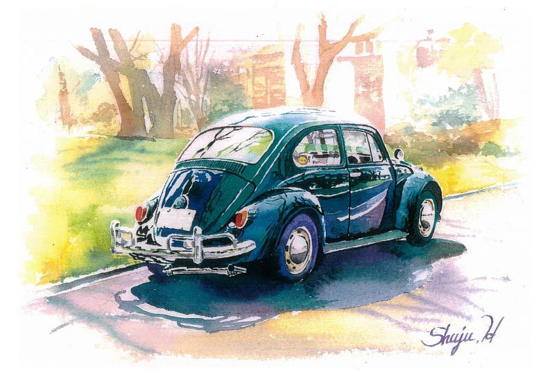 2016-0503-車の水彩画-木漏れ日の中のビートル