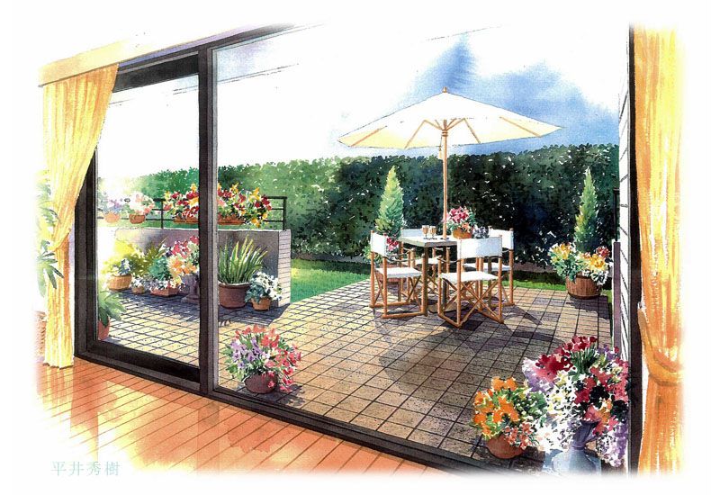 2016-0605-マンション 専用庭 手描きパース 水彩