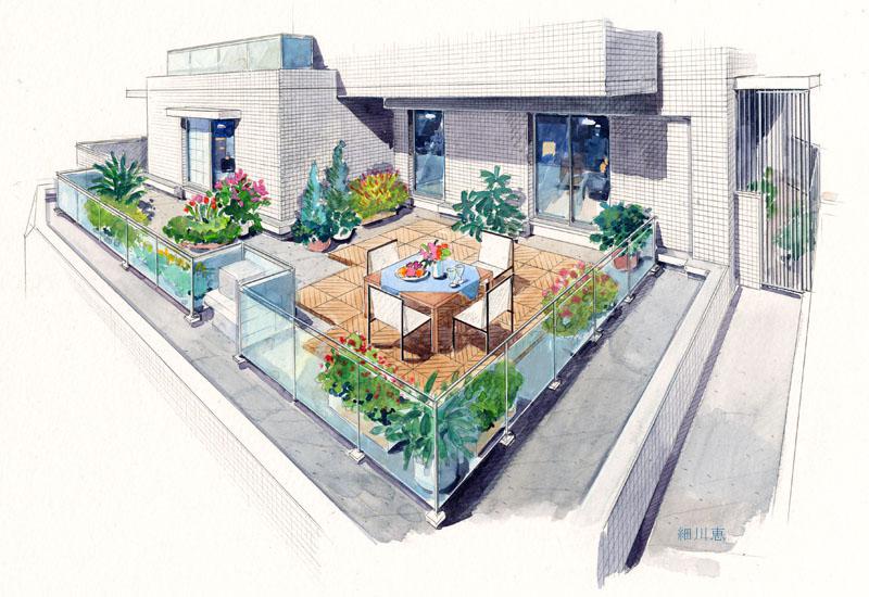 2016-0803-マンション-屋上テラス-ルーフバルコニー-手描きパース