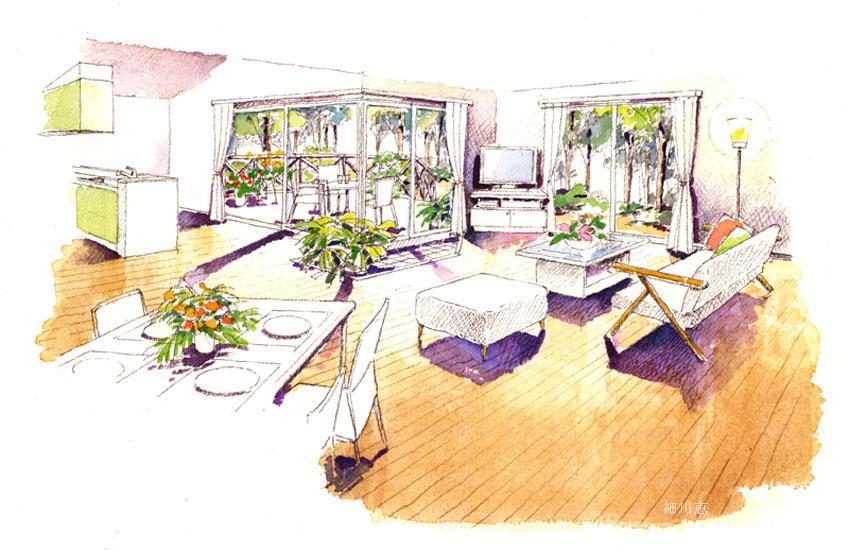2017_0824_鉛筆で描いた専用庭のある部屋の手描きパース